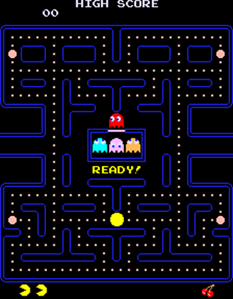 Annotated screenshots from a Pac-Man game level. Left panel the entire